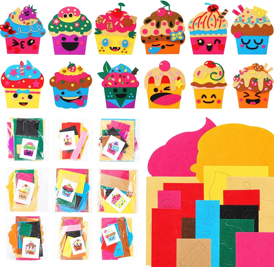 Lenwen 24 Pieces Cupcake Craft Kit for Kids Make-a-face Cupcake Craft Sweet Creative Your Own Cupcakes Stickers Cupcake Art Craft Projects for Kids Classroom Birthday Party Favor Supplies, 12 Styles