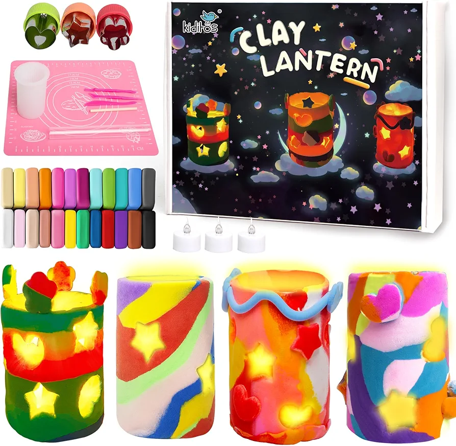 Kiditos DIY Light-up Clay Lanterns Making Set,Make Your Own Clay Luminaries with 24 Colors Clay&Molds,Arts&Crafts School Project Toy for Kids Age 3+,Ideal STEM Creative Birthday Gift for Girls&Boys