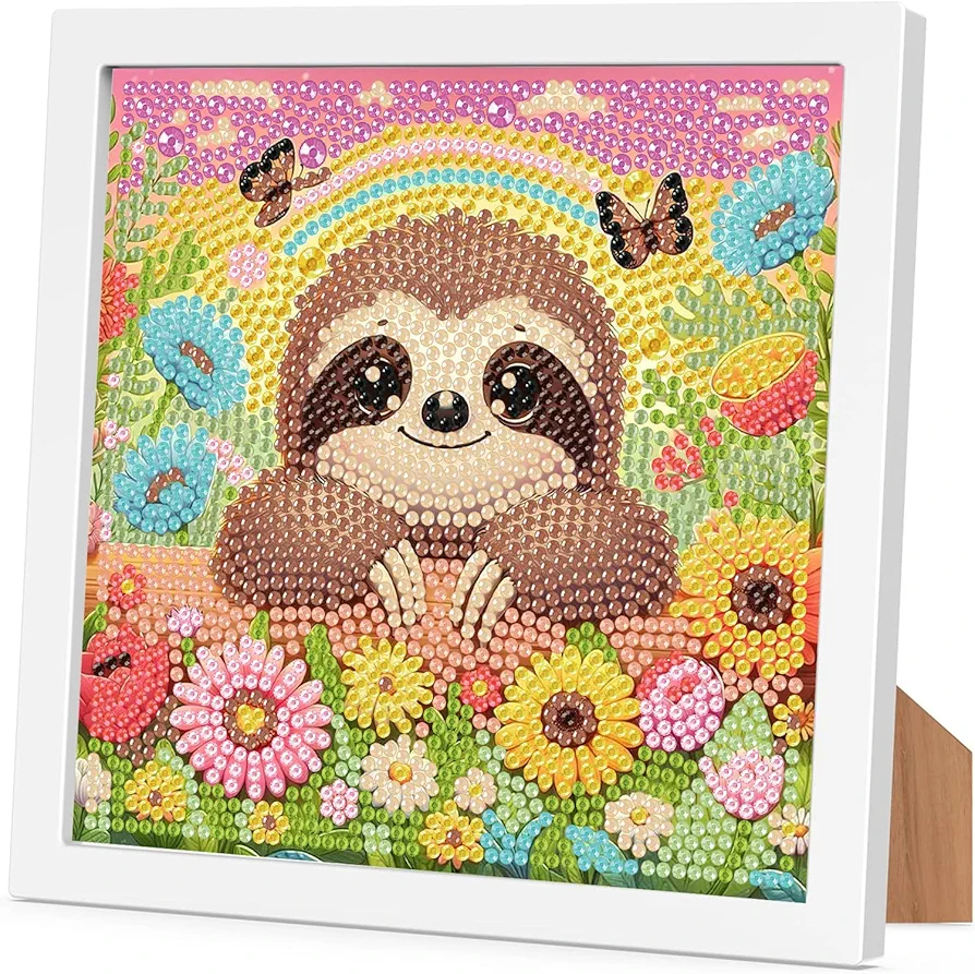 Sloth Diamond Art Painting Kits Kids-Sloth 5D Diamond Art Kits for Kids with Frame,Flower Gem Art for Kids Set for Gift Home Leisure and Wall Decoration(7x7inch)