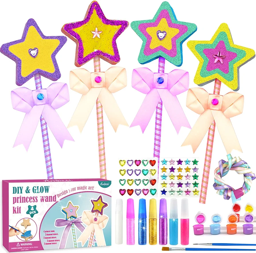 Ambesi Make Your Own Princess Wand Craft Kit, 4PCS Thick Wooden Fairy Wands with Gem Stickers & Ribbons, Art Kits for Toddler, Girls Painting Crafts Birthday Holiday Gifts for Girls Ages 3 4 5 6