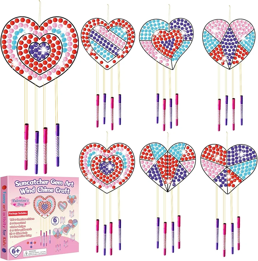 6 Pack Valentine's Day Heart Arts Crafts Gem Diamond Suncatcher Art Wind Chime Crafts for Kids DIY Valentines Diamond Painting Wind Chime Gifts for Girls Boys for Home School Birthday Party Decoration