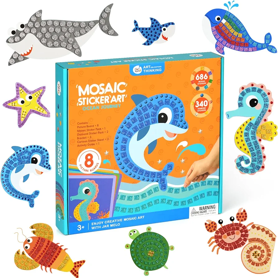 Jar Melo Mosaic & Diamond Painting, 8PCS Animal Sticker by Number Crafts Kit Paint by Sticker Books for Kids Ages 3-5 4-8, Includes Shark Crab etc. Kids Road Trip Travel Essentials DIY Gifts