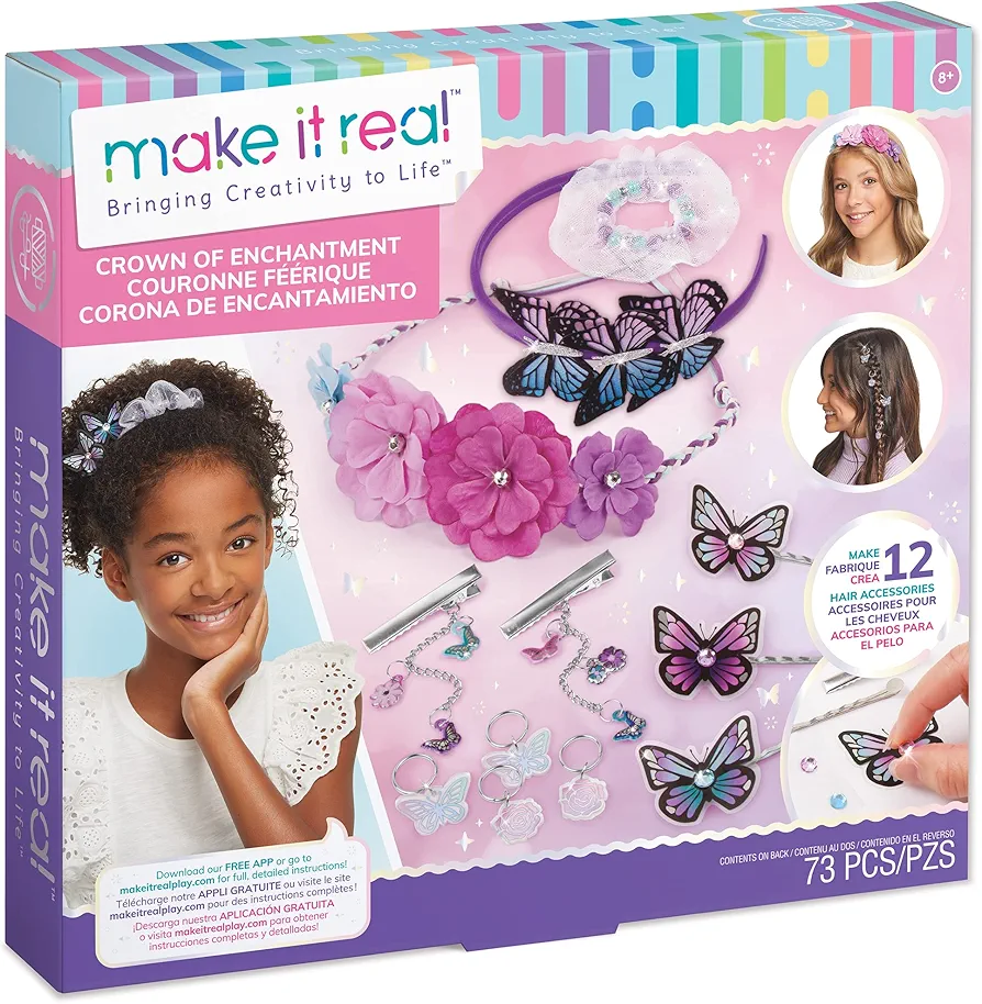 Make It Real: Crown Of Enchantment - DIY Jewelry Kit, Create Up To 12 Eye-Catching Charm Hair Accessories, Butterflies, 73 Pieces, All-In- 1 DIY KIT, Tweens & Girls, Arts & Crafts, Kids Ages 8+