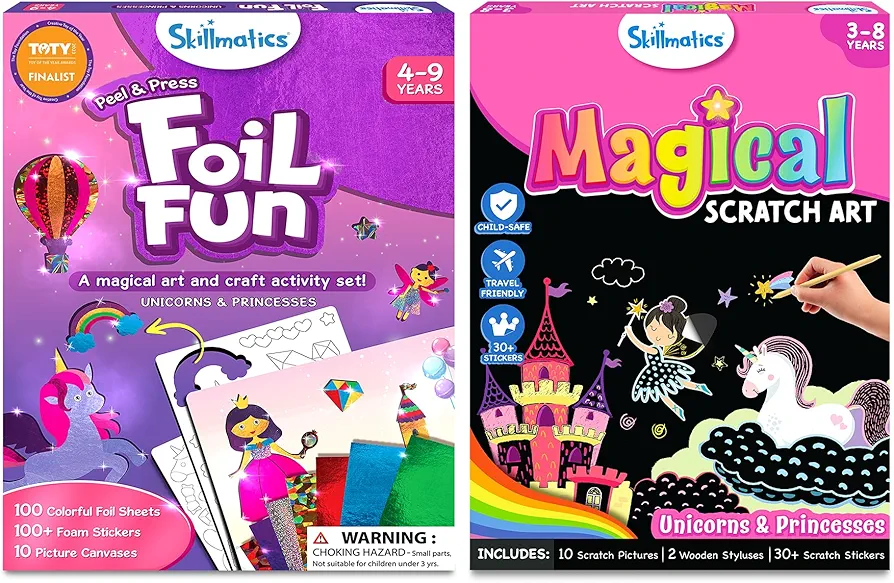 Skillmatics Foil Fun & Magical Scratch Art Book Unicorns & Princesses Theme Bundle, Art & Craft Kits, DIY Activities for Kids, Gifts for Ages 4 and Up