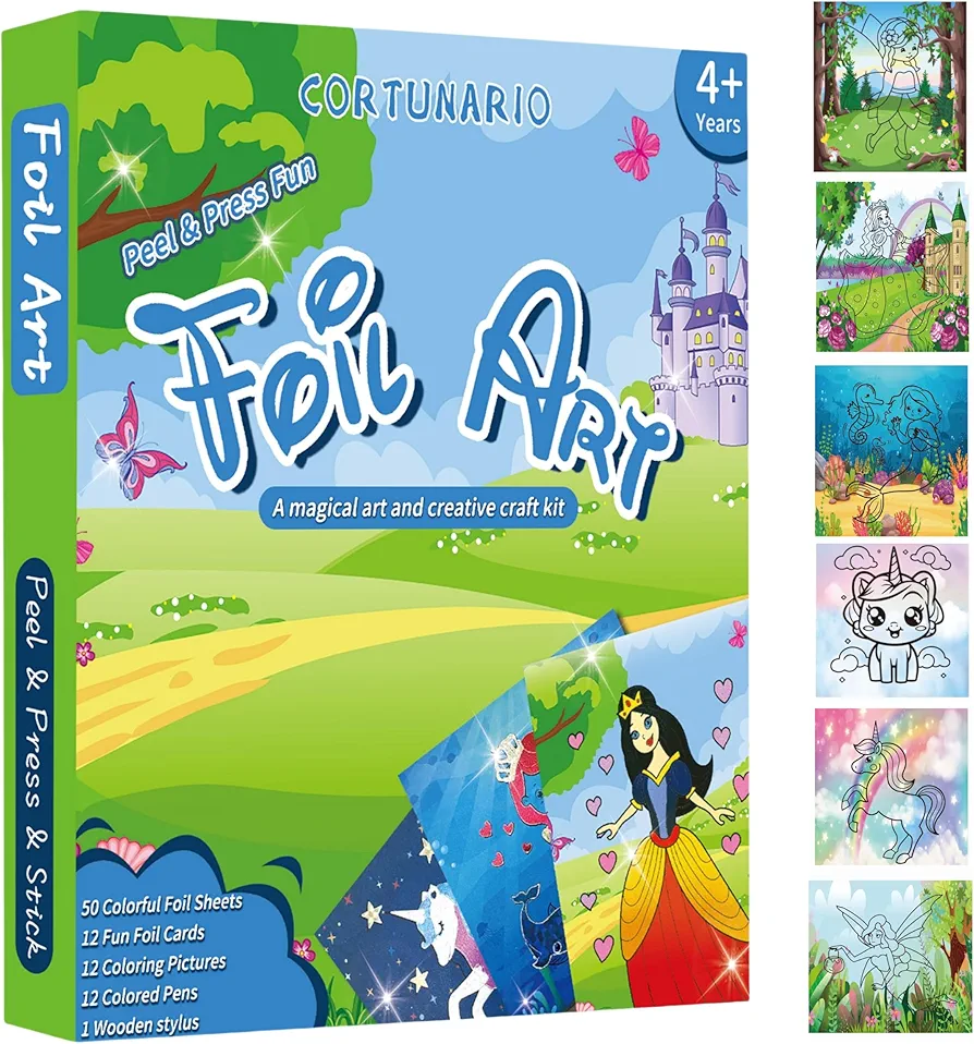 CORTUNARIO Foil Art for Kids - Foil Fun Art Craft Kits Supplies, Mess Free Art & Craft Creative Coloring Activity, Travel Toys Birthday Christmas Gifts for Girls Ages 4 5 6 7 8 9