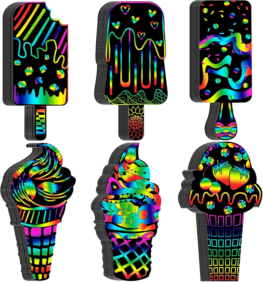 RoundFunny 60 Pieces Ice Cream Scratch Cards Rainbow Summer DIY Scratch Card Art Ice Cream Ornament Scratch Crafts Card for Kids Birthday Party Classroom DIY Activities