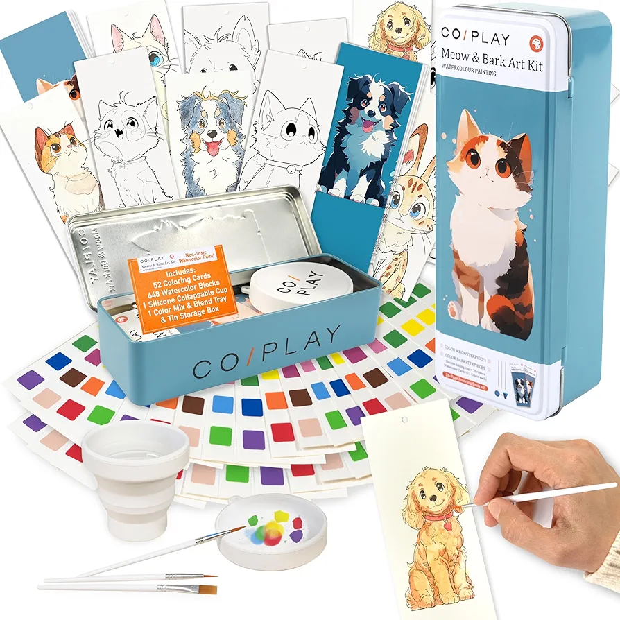 648 Color Blocks Watercolor Paint Set, 52-Bookmarks, 3 Brushes, Silicone Cup, Meow/Bark Coloring Books, for All Ages, Travel-Friendly, Easy to Use,No mess, All In One Art Supplies