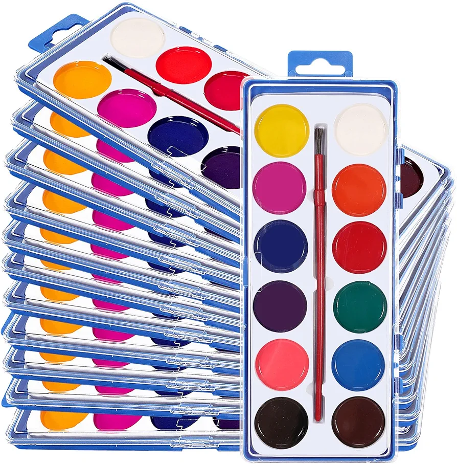 24 Pack Watercolor Paint for Kids,12 Colors Water Color Paint with 24 Paint Brushes,Washable Watercolors for Kids and Adults Party Favors and Craft Art Supplies