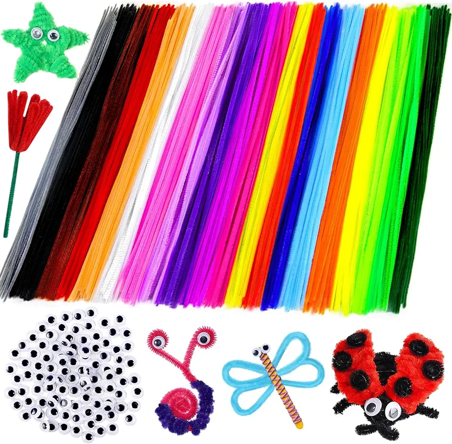 fulasiteu 200 pcs Multi-Color Pipe Cleaners and 100 pcs self-Adhesive Wiggle Eyes Sets for Crafts, Pipe Cleaners Bulk, Art and Craft Supplies, Chenille Stems, Pipe Cleaner for Crafts…