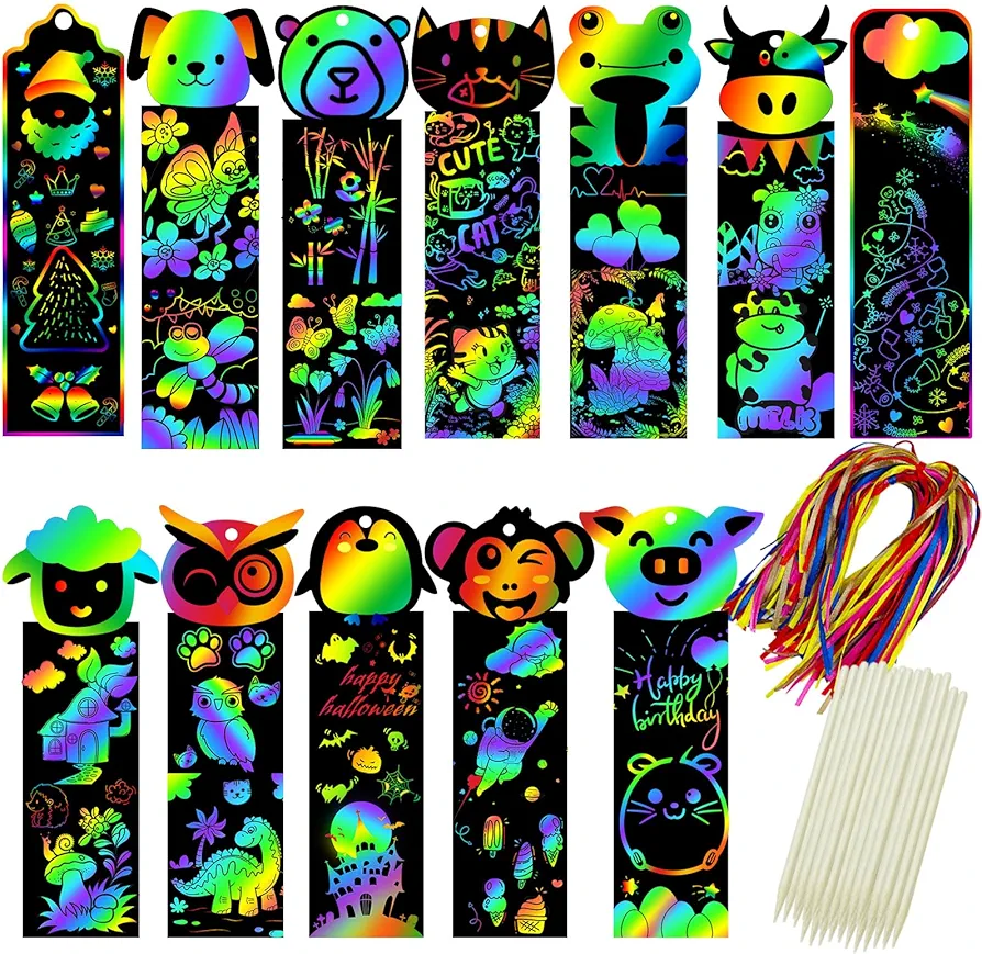 Tcvents 100 Sets Scratch Art Bookmarks Making Kit for Kids, Scratch Paper DIY Animal Bookmarks Bulk with 100 Pcs Ribbons and 100 Pcs Wood Stylus for Classroom Activities Party Favors, 13 Styles(B)