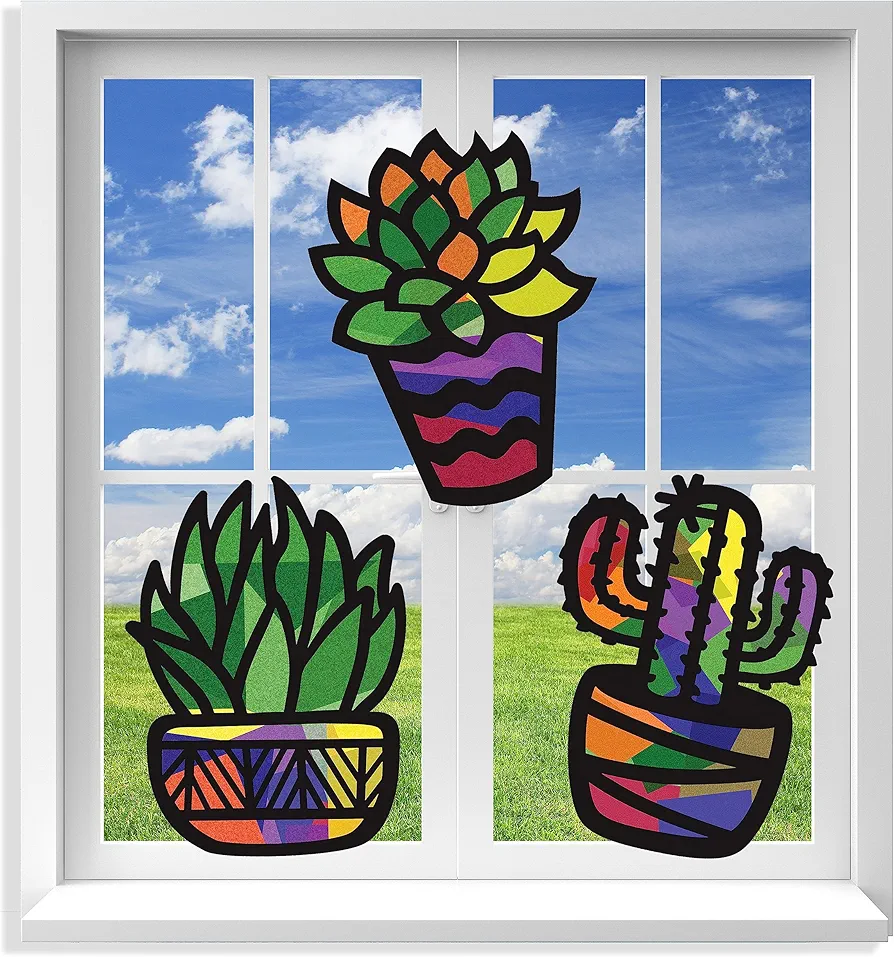 VHALE Suncatchers Craft 3 Sets (9 Cutouts) w Tissue Papers Stained Glass Effect Paper Sun Catcher Kit, Window Art, Classroom Crafts, Creative Art Projects, Kids Party Favors (Succulent Plant)