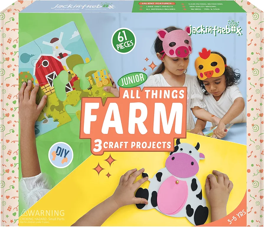 jackinthebox Farm Craft kit for 3 to 5 Year olds, 3 Craft Projects - Pretend Play Animal Masks, Farm Puzzle with Stickers, DIY Cow Notepad, Great Gift for Boys and Girls Ages 3 4 5 Years..
