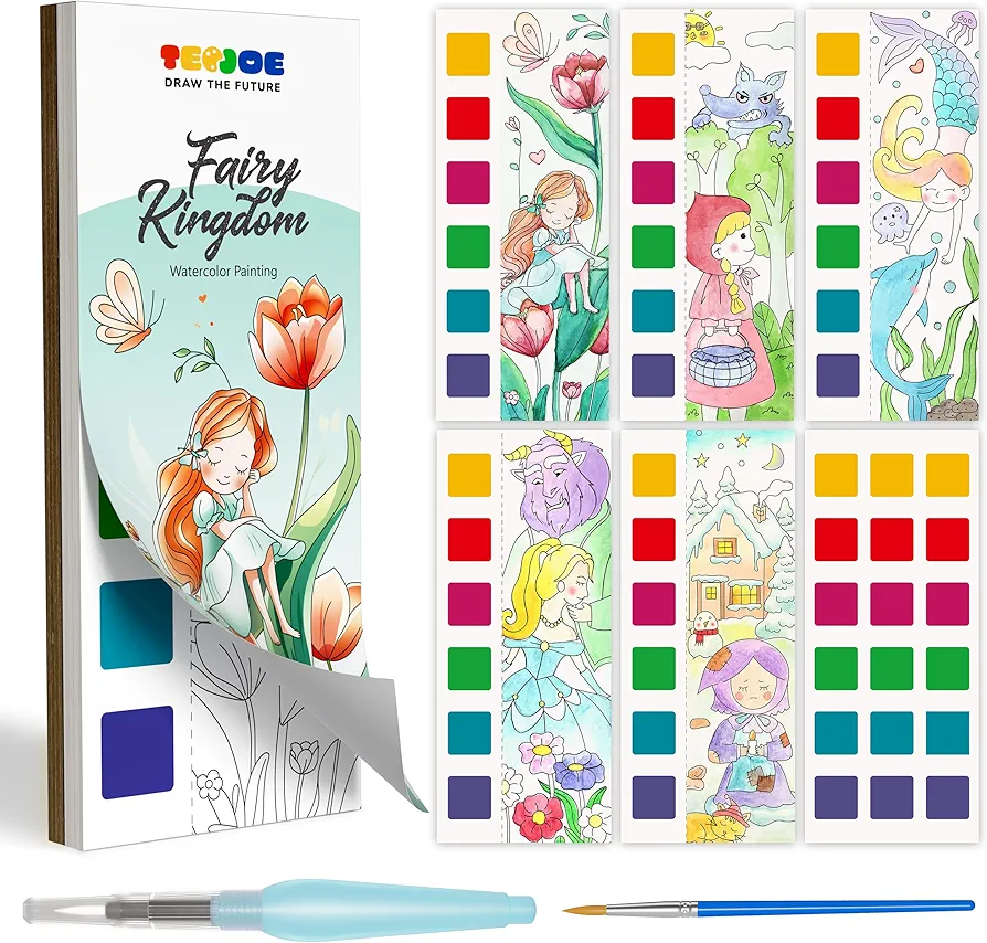 TECJOE Paint with Water Books for Kids with 20 Unique Fairy Tales, Pocket Watercolor Painting Book with 2 Brushes, Travel Arts and Crafts for kids Ages 4-8, Educational Learning Toy Gift for Toddlers
