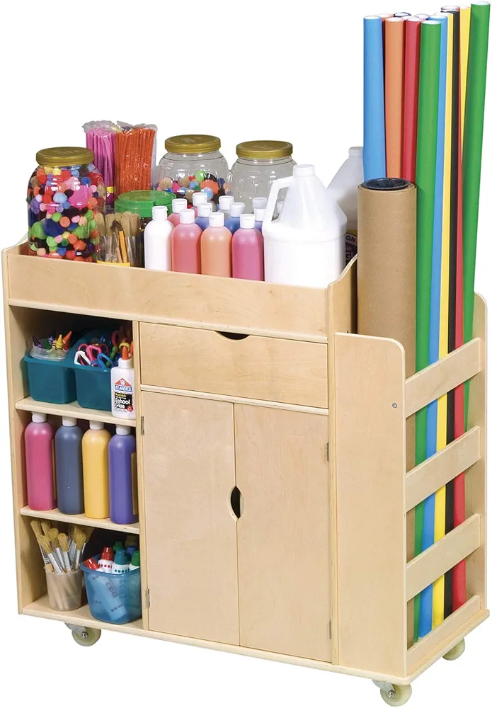 Guidecraft Art Activity Cart - Rolling Wooden Storage Cabinet and Shelves with Caster Wheels; Arts and Crafts Supply; Classroom Furniture