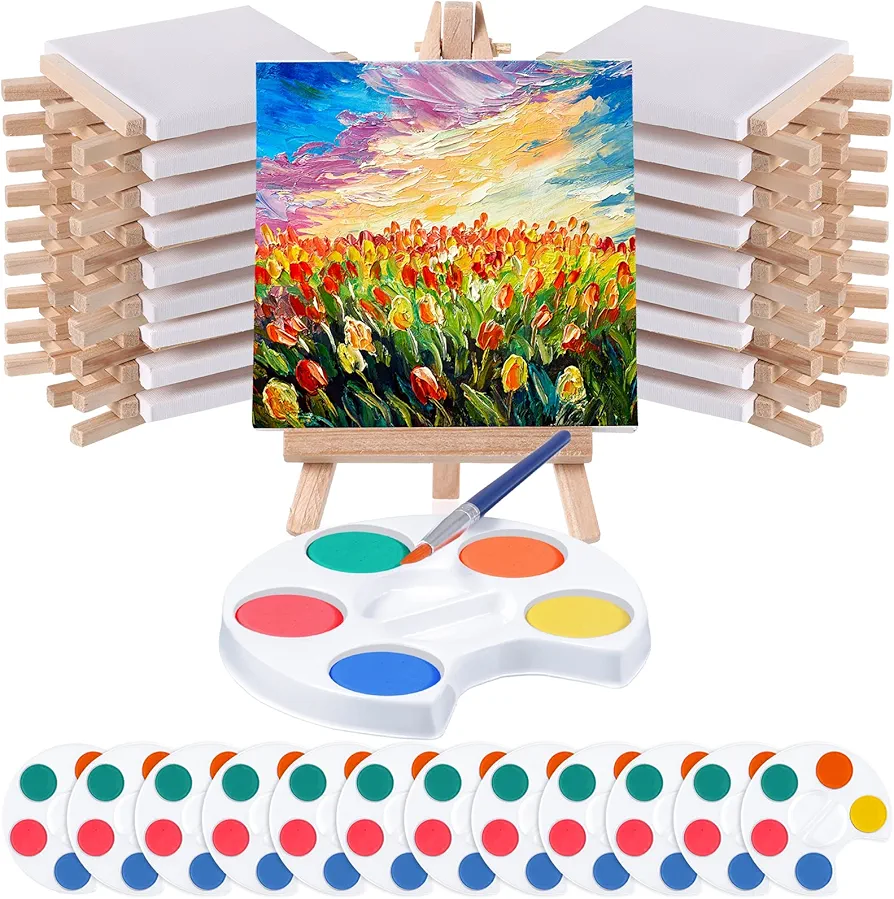 Crtiin Watercolor Paint Sets Mini Paint Set 4x4 Small Painting Canvas with Easel Paints Brush Set Art Party Favors and Watercolor Paint Party Favors for School Classroom Birthday(12 Set)