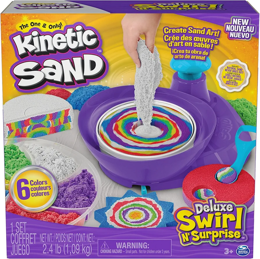 Kinetic Sand, Deluxe Swirl N’ Surprise Playset, 2.5lbs of Play Sand (Red, Blue, Green, Yellow, White and Purple), 4 Tools, Sensory Toys for Kids 3 and up