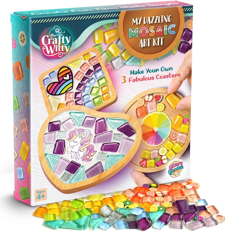 Glittery Garden Mosaic Craft Kit - Decorate Your Own Unicorn and Rainbow Design Coaster with Glass Tiles. Birthday Gift, Fun DIY Art and Craft Supplies. Girls, Kids & Teens Activity Kit