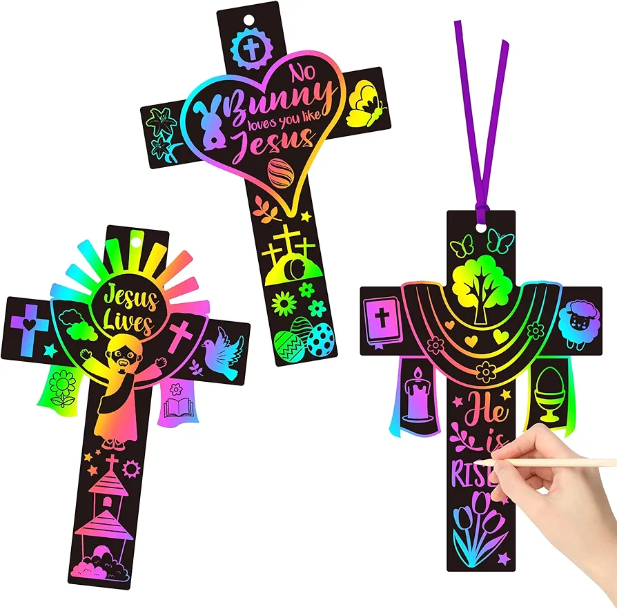 WATINC 120Pcs Scratch Cross Cards, Cross Magic Scratch Paper DIY Art Hanging Ornaments Kit, Christian Religious Sunday School Classroom Supplies Decorations