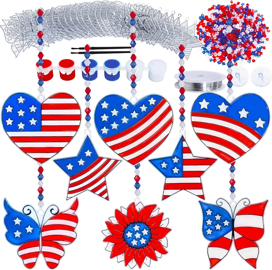 24 Sets Patriotic Suncatcher Ornaments Decoration DIY Window Paint Art Stickers Craft Kit American Heart Star Butterfly Suncatchers for Kids Classroom Patriotic 4th of July Activity Party Art Project