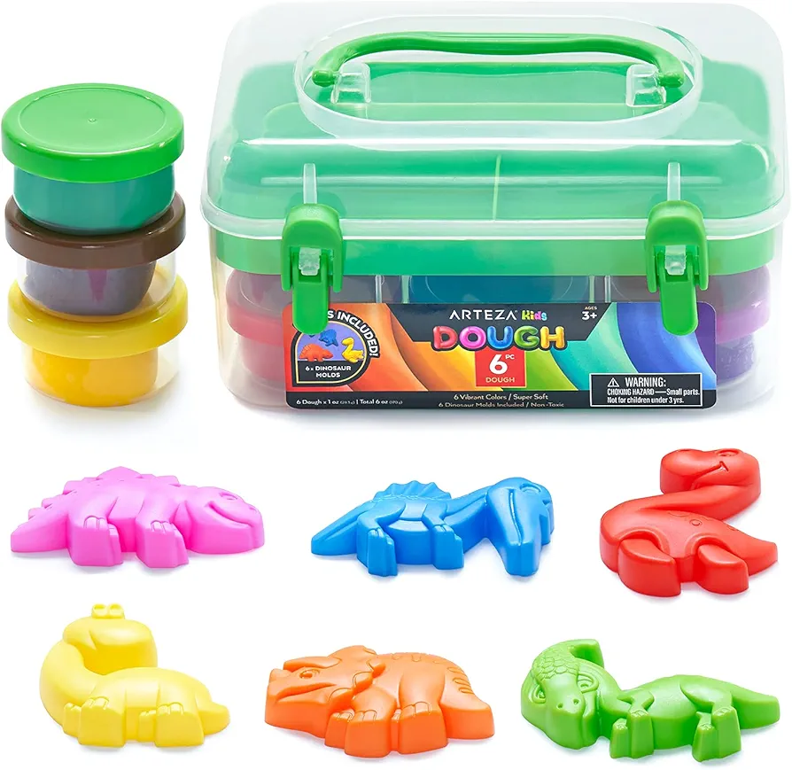 Arteza Kids Modeling Play Dough, 6 Dinosaur Molds, 6 Colors, 1-oz Tubs, Soft, Art Supplies for Kids Crafts, Learning Centers, Birthday Gifts for Boys and Girls