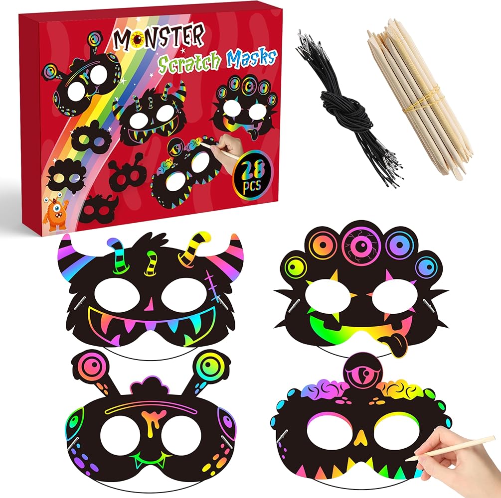 WATINC 28pcs Monster Scratch Mask Gift Set for Kids, Halloween Party DIY Magic Scratch Paper Monster Masks, Monster Xmas Party Favors Craft Kit for School Classroom Activity Art Project
