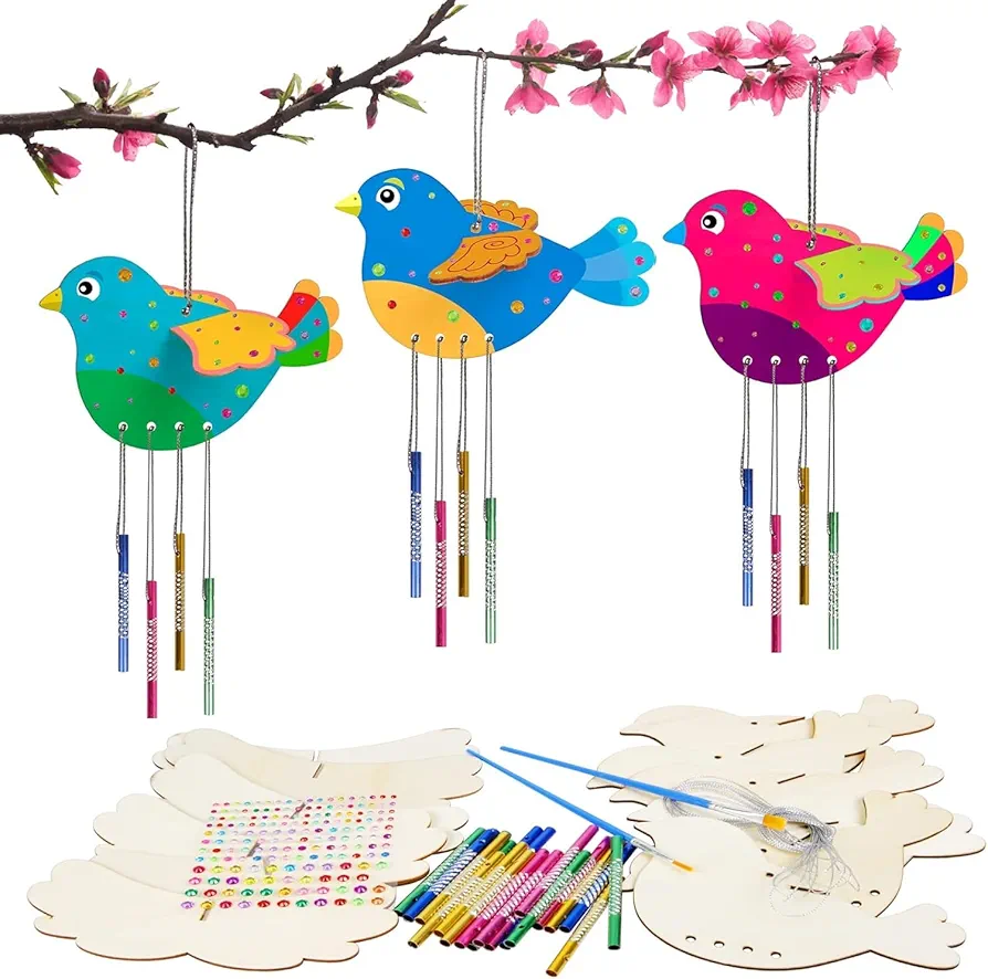 Fennoral 6 Pack 3D Bird Wind Chime Craft Kit for Kids Make You Own Birds Wind Chimes Ornament Wooden Arts and Crafts for Kids DIY to Paint Bird for Spring Summer Art Activity Birthday Decoration