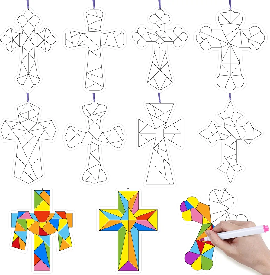 91PCS Cross Craft for sunday school Color Your Own Cross Hanging Ornaments Geometric Card DIY Christian Religious Coloring Art craft for bible School juses Party Classroom home activities project