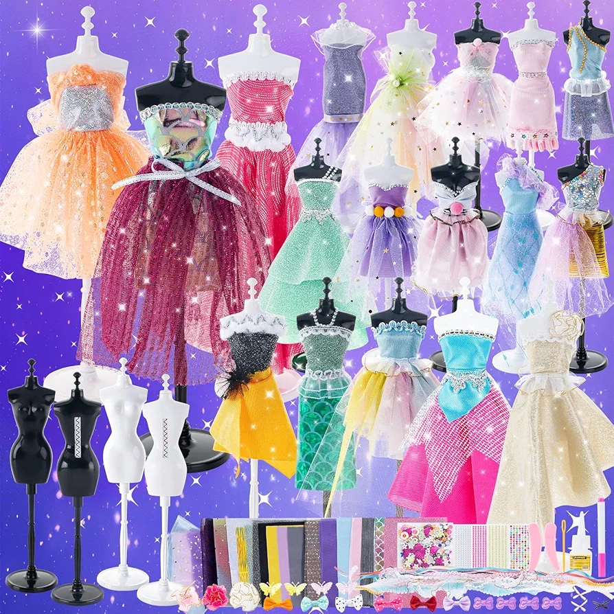 Aowjoy 800+Pcs Fashion Designer Kits for Girls, Sewing Kit with 4 Mannequins, DIY Arts and Crafts Kit, Doll Clothes Making Set, Designer Dress Girls Toys for Age 6 7 8 9 10 11 12+ Year Old Gifts