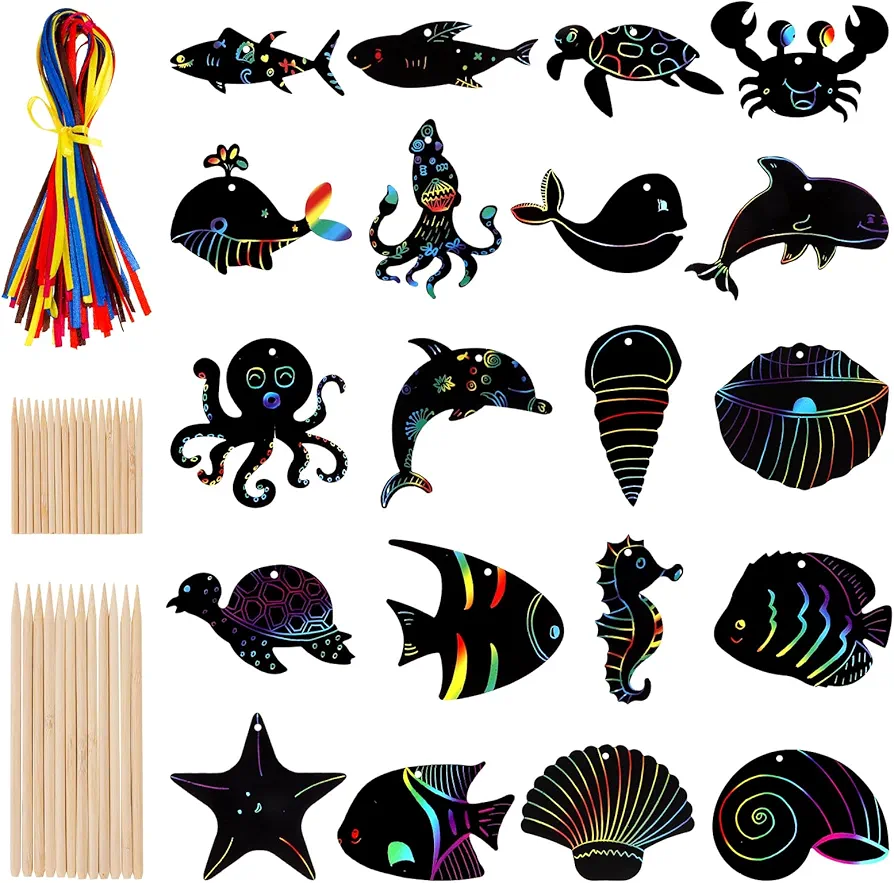 Fuyamp 60 Pcs Sea Animals Scratch Cards Sea World Theme Scratch Cards Ocean Party Scratch Paper Art Rainbow Color Scratch Art with Wooden Styluses Ribbon for Kids DIY Art Craft Party Favors