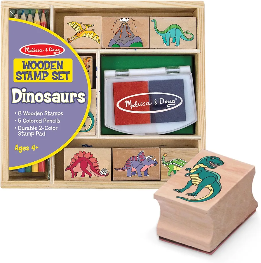 Melissa & Doug Wooden Stamp Set: Dinosaurs - 8 Stamps, 5 Colored Pencils, 2-Color Stamp Pad - FSC Certified