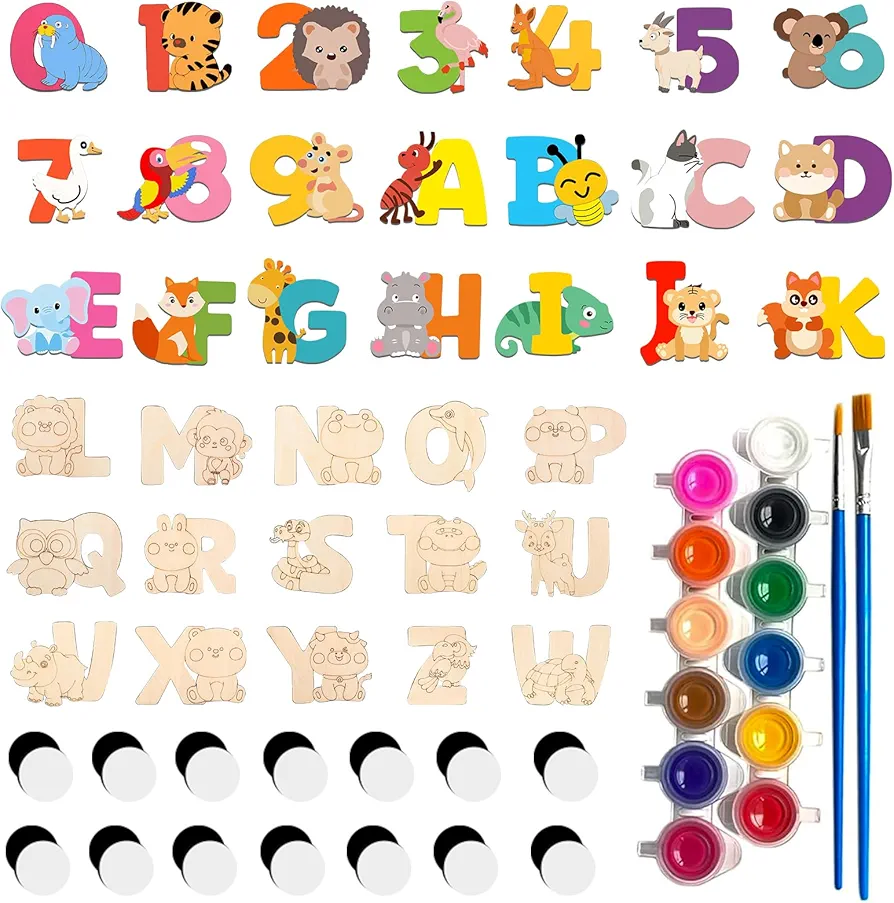 Hokinaa DIY Alphabet Wooden Magnet - 77pcs ABC Fridge Magnets Animal Wooden Art Craft Supplies Painting Kit for Easter Crafts Gifts Toys Basket Goodie Bag Stuffers for Boys Girls Ages 2-4 4-8