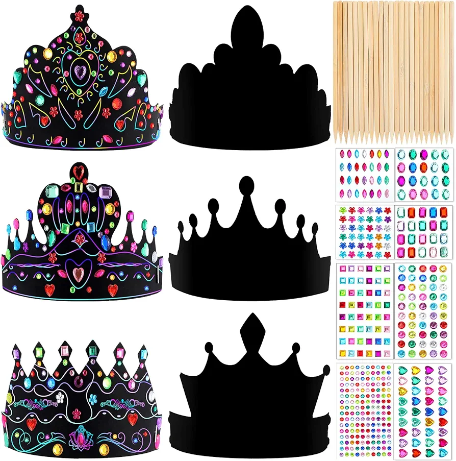 80 Pcs Crafts Crowns Set Scratch DIY Paper Crowns with Rainbow Color DIY Craft Scratch Crown Headband Hats Wooden Styluses Craft Elastic Bands Colorful Gem Jewels Stickers for Boys Girls Adults