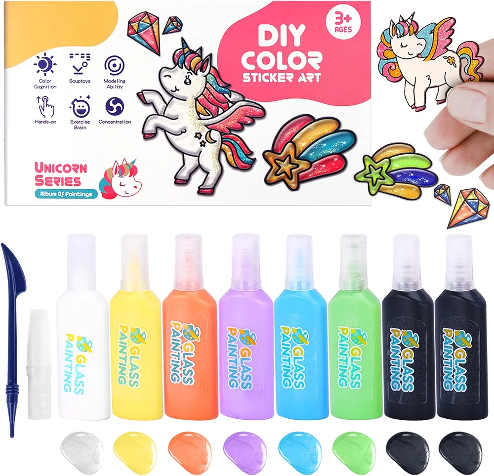 Neliblu DIY Window Art Kit for Kids - Set of 12 Window Glass Stickers - Art & Craft Bulk Kit - Suncatcher Unicorn Art with Colorful Pens - Rainy Day Activities - Ages 7 & Up, 10"Hx12"Lx2"W