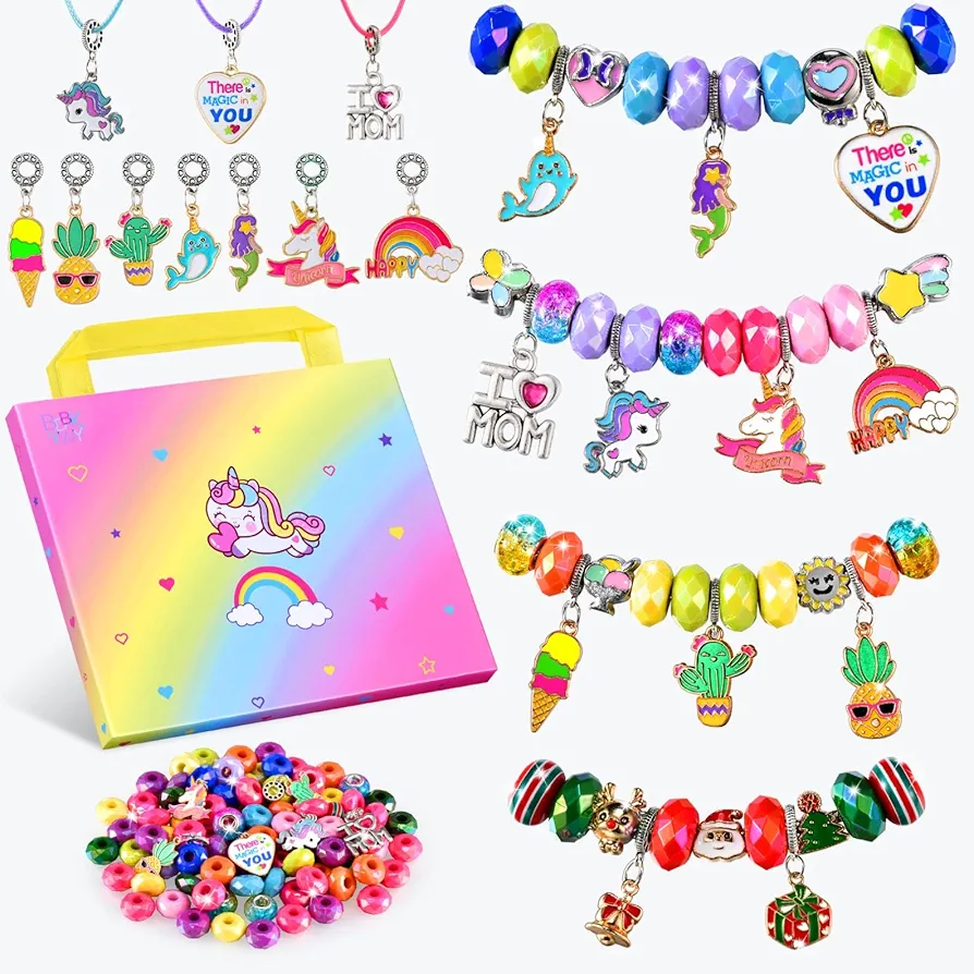Girls Charm Bracelet Making Kit - Kids Make Jewelry Supplies Set Unicorn Charms Bracelets Kits Girl Toys Age 6-8 DIY Art Craft Set Creative Birthday Gifts for 3 4 5 6 7 8 Year Old Girl Little Children