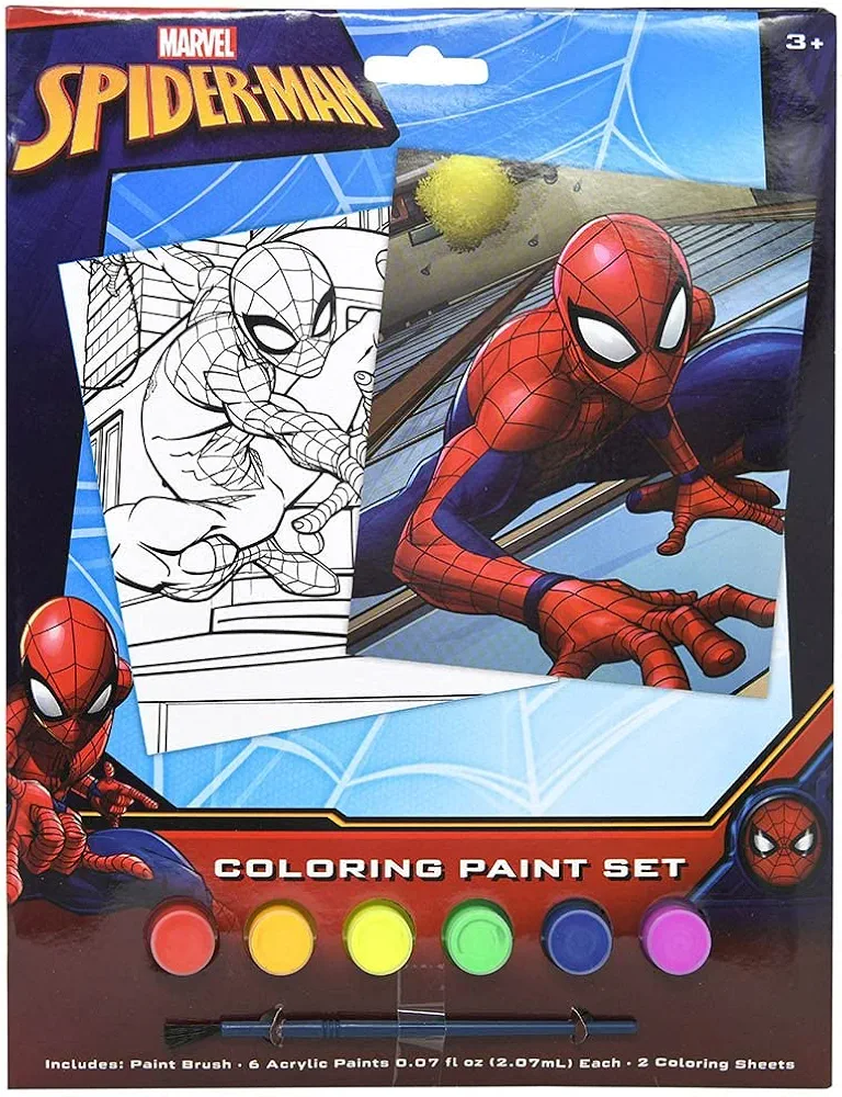 Spiderman Kids Arts and Crafts Coloring Paint Set with 6 Colors, Paint Brush, and 2 Poster Sheets
