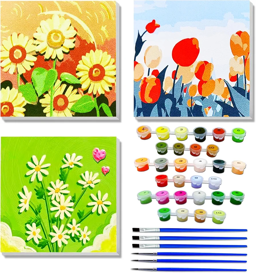 JUNQIU Paint by Numbers Kit for Kids, 3Pack Paint by Numbers Framed Canvas, Easy Paint by Number Flowers, Arts and Crafts for Kids Ages 4 5 6 7 8 9 10 11 12 Girls