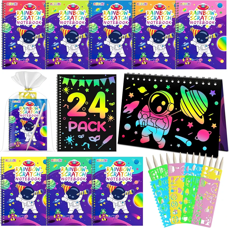 pigipigi Party Favor Toy for Kid - Rainbow Art Scratch Notebook, 24 Pack Colorful Craft Scribble Paper Magic Black Drawing kit, Gifts Set for Girl Boy Easter Birthday Christmas Age 5 6 7 8 9 10 11 12