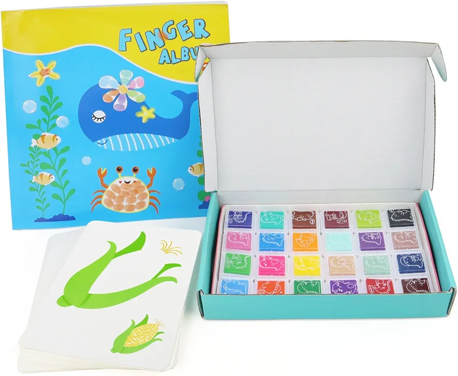 Washable Finger Paint Set, Finger Painting Paper Pad with 24 Colors Ink Pads 30 Cards, Fingerprint Activity Book, Art Painting Kits for Crafts Early Learning Gifts
