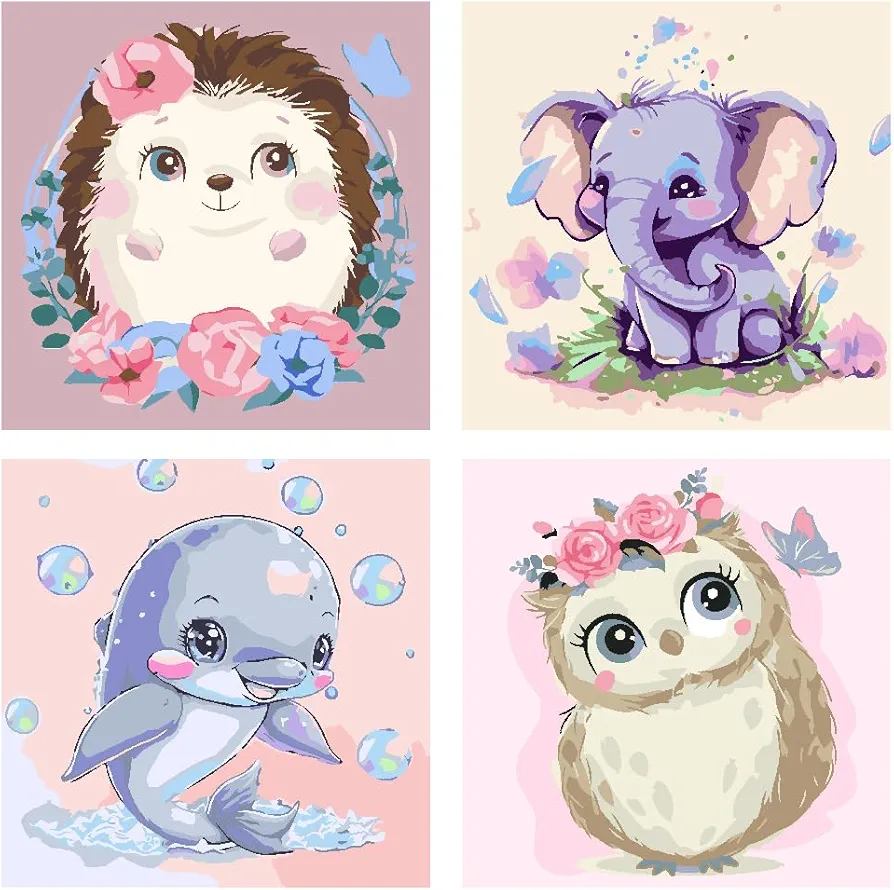 FQOVKYN 4 Pack Cute Animal Paint by Numbers Kits for Kids(without frame), Easy Acrylic Watercolor Paint by Numbers Canvas, DIY Arts and Crafts Kits for Kids Ages 6-12 for Home Wall Decor 8x8inch