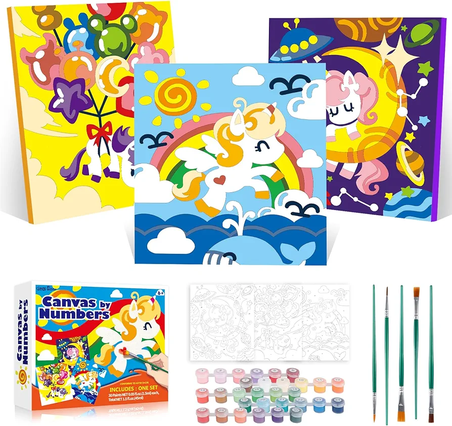 Wings Giant Unicorn Paint by Numbers Kit for Kids and Adults, 3 Pack Framed Canvas Painting Kit with Hooks, Arts and Crafts Unicorn Gift for Girls Birthday, Art Supplies Girls Ages 8-12