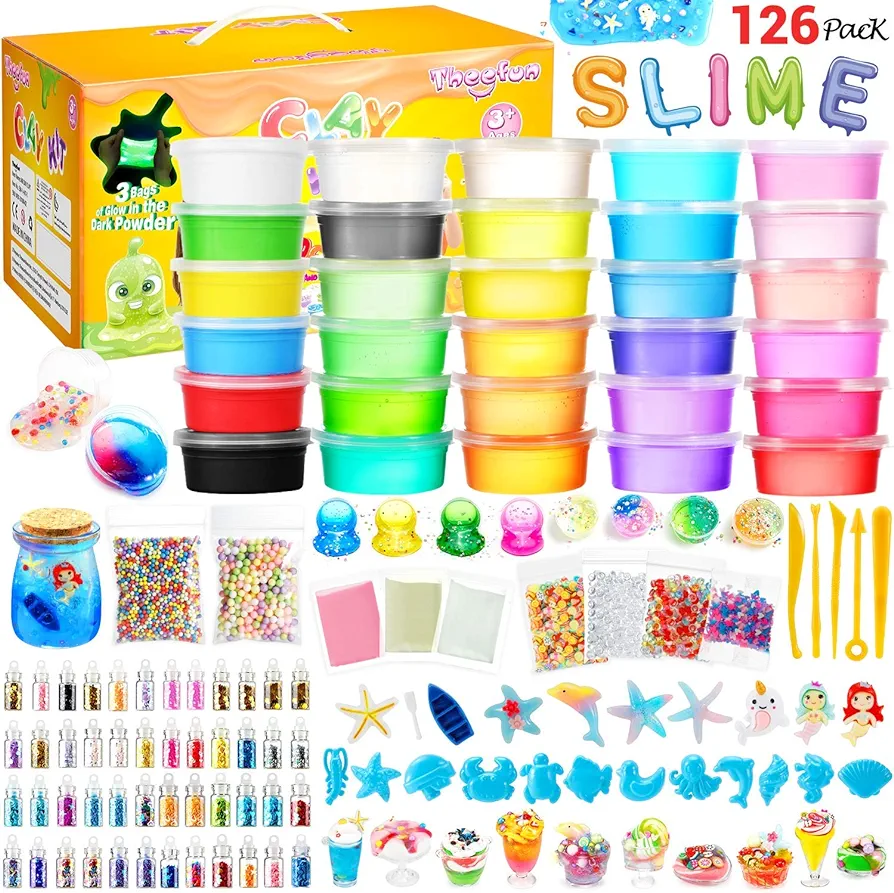 Theefun Slime Kit, Glow in The Dark DIY 126Pcs Slime Making Kit for Kids, Art Crafts Toy Slime Supplies Included 24 Crystal Slime, 6 Clay, 48 Glitter Powder, Great Gifts Toys for Girls Boys