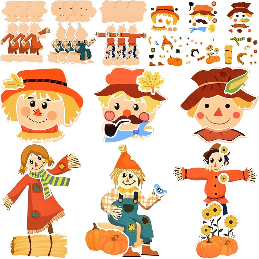 30 Pack Thanksgiving Scarecrow Head and Scarecrows Craft Kit for Kids Assorted,Thanksgiving Home Classroom Art Project Activity Supplies,Age 4-8,Style 2
