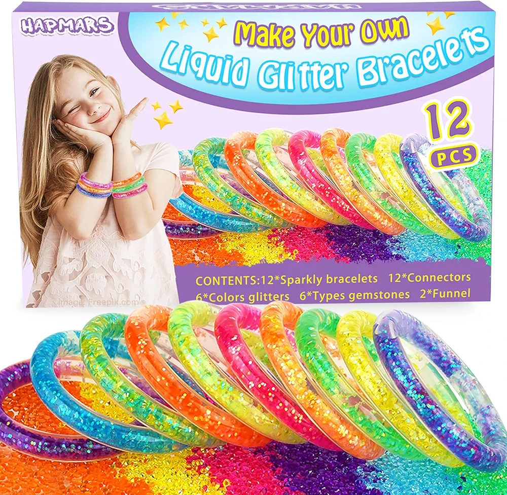 HAPMARS Make Your Own Glitter Water Bracelets Craft Kit, Gem Art Bracelet for Kid, Friendship Bracelet Jewelry Making Kit, Art & Craft Gift for Girls Age 6 7 8 9 10 11 12