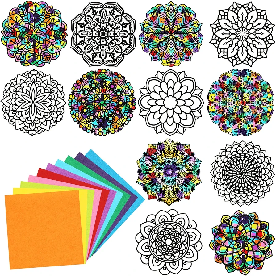 Gueevin 36 Sheet Mandala Window Clings Color Your Own Stained Glass Window Cling Window Arts and Crafts DIY Kit with Colorful Cotton Paper Contact Paper Crafts for Adults Kid Teen, 6 x 6 Inch
