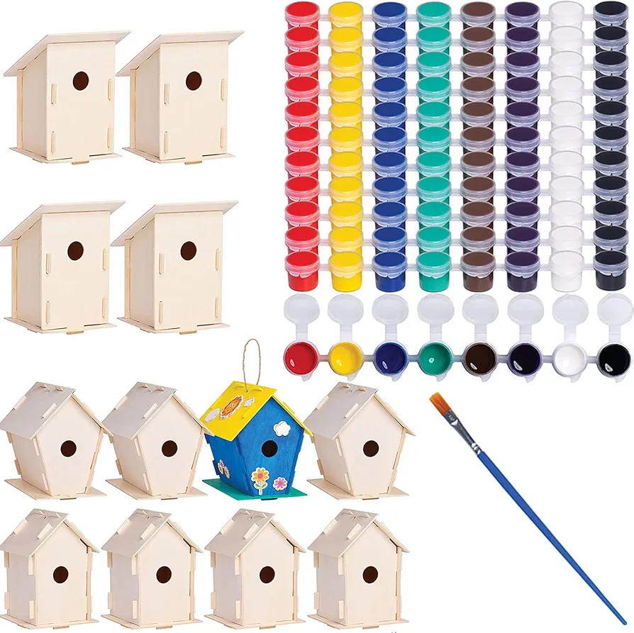 Neliublu Kids Arts and Crafts Projects - 12 DIY Unfinished Wood Bird House Kits and Set of 12 Non-Toxic Washable Paint Sets