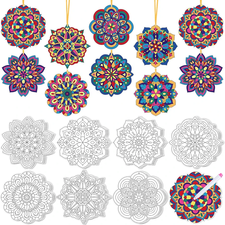 48 Pcs Coloring Mandala Art Crafts Kit Color Your Own Mandala card Hanging Ornaments with Markers DIY Mandala painting Cardstock for School Activity Home Party Decor Seniors Stress Relieving Supplies
