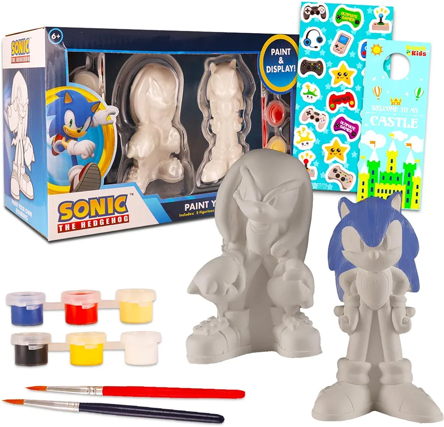 Game Party Sonic The Hedgehog Paint Your Own Figurines Set - Bundle with DIY Painting Set Featuring Sonic, & More | Sonic Painting Kit for Kids