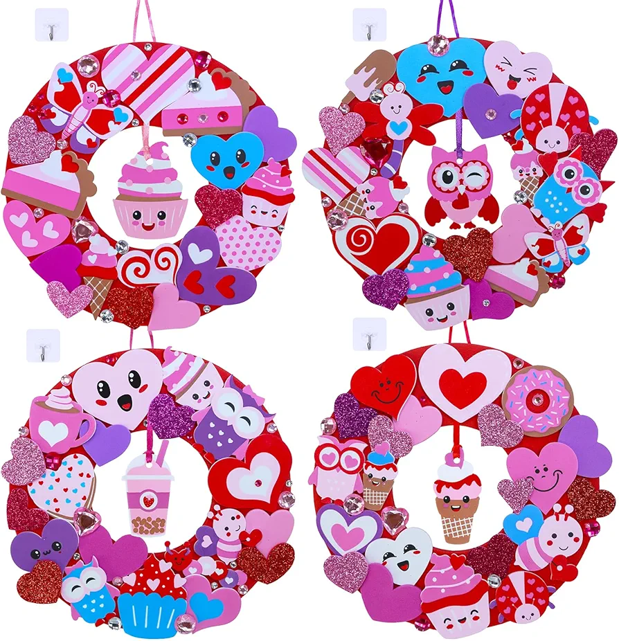 Winlyn 12 Sets Valentine Decorations Heart Wreath Ornaments Valentine Craft Kits Heart Wreath Art Sets Foam Heart Valentine Stickers for Kids Valentine's Day Party Classroom Activities Gift Exchange
