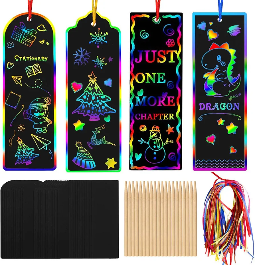 AUGSUN 96 Set Magic Scratch Rainbow Bookmarks Making Kit for Kids Students Christmas Party Favor Scratch Paper DIY Bookmarks Bulk with Bamboo Stylus (Regular)