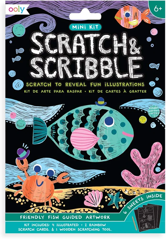Ooly Mini Scratch & Scribble Art Kit: Friendly Fish, Colorful Scratch Book for Kids Ages 6 and Up, Creative Arts and Crafts Activity for Girls and Boys, Great for Travel, Games, and Any Birthday